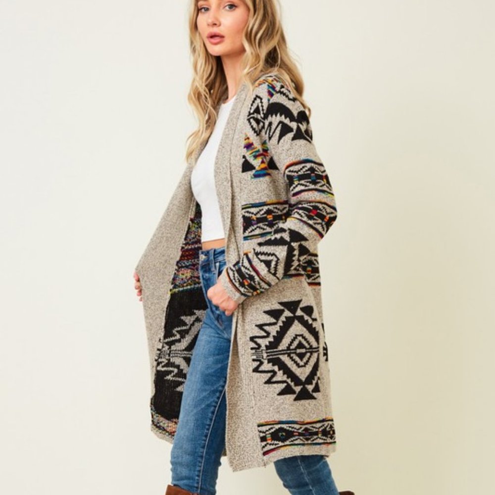 new ON BLUE SWEATER CARDIGAN WRAP boho western AZTEC TRIBAL TAUPE jacquard SM-3X - Picture 8 of 9